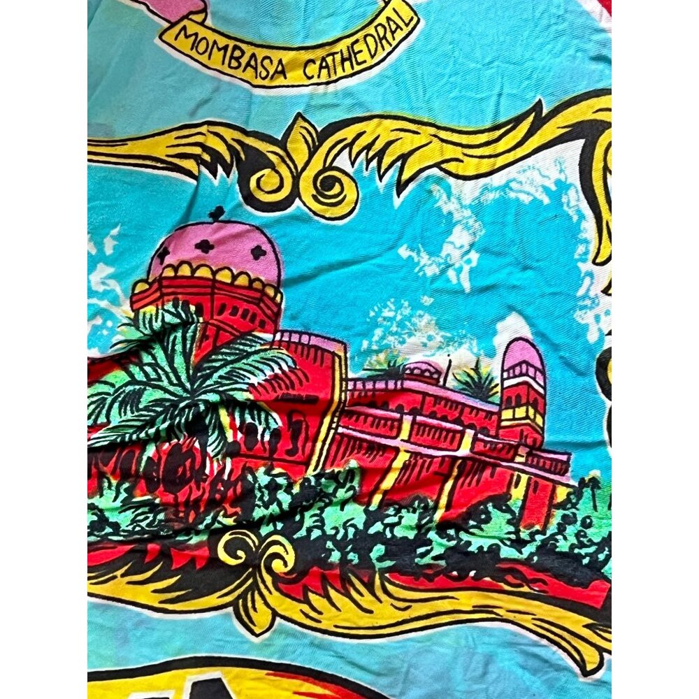Zawadi Ya Mombasa Vintage Souvenir Scarf 28"x27" Turqoise Yellow Red Pink Green - Picture 5 of 10